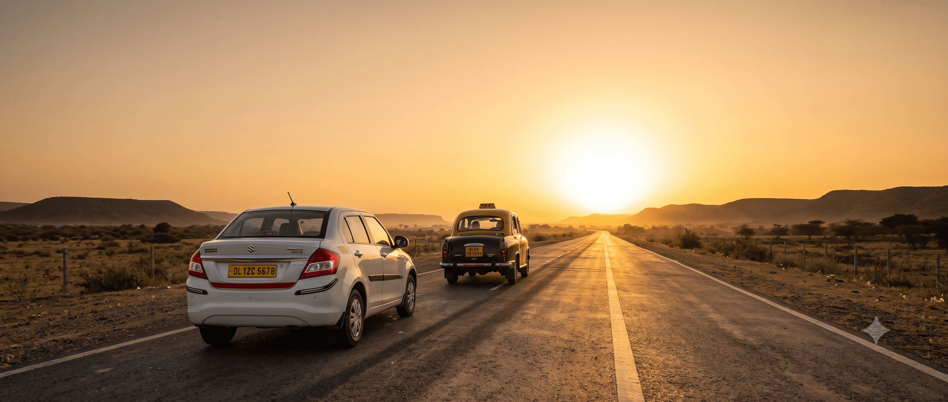 A ChillGadi taxi on an open Rajasthan highway at sunset