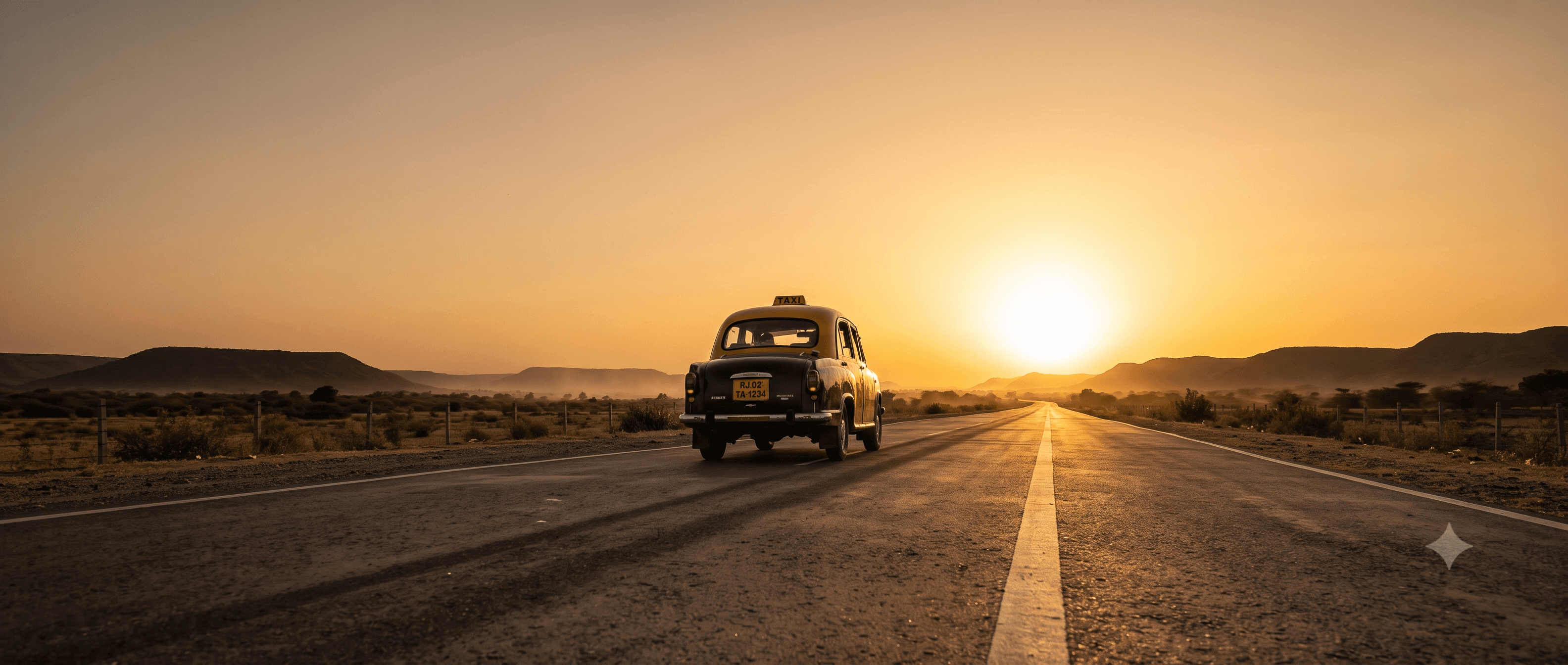 A taxi on an open Rajasthan highway at sunset