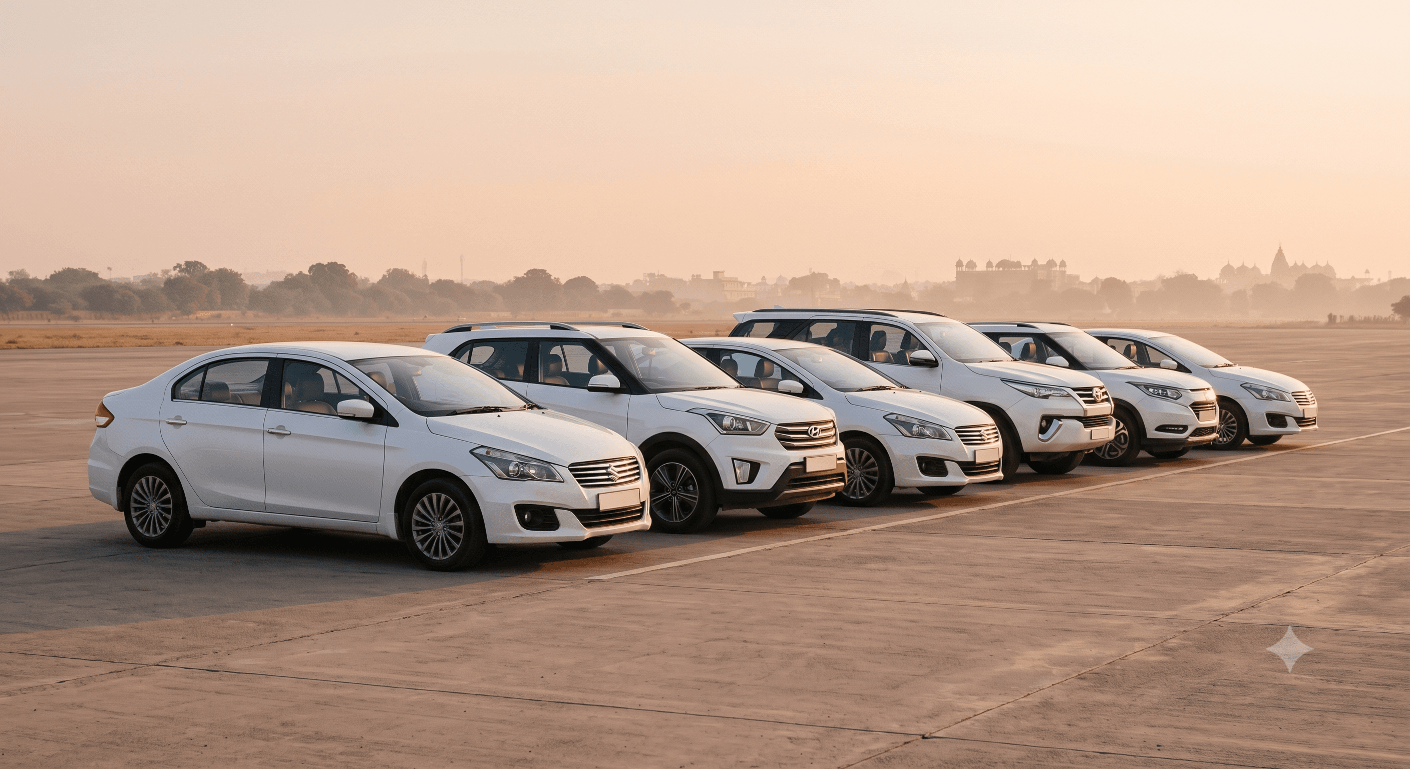 A line of clean white ChillGadi sedans