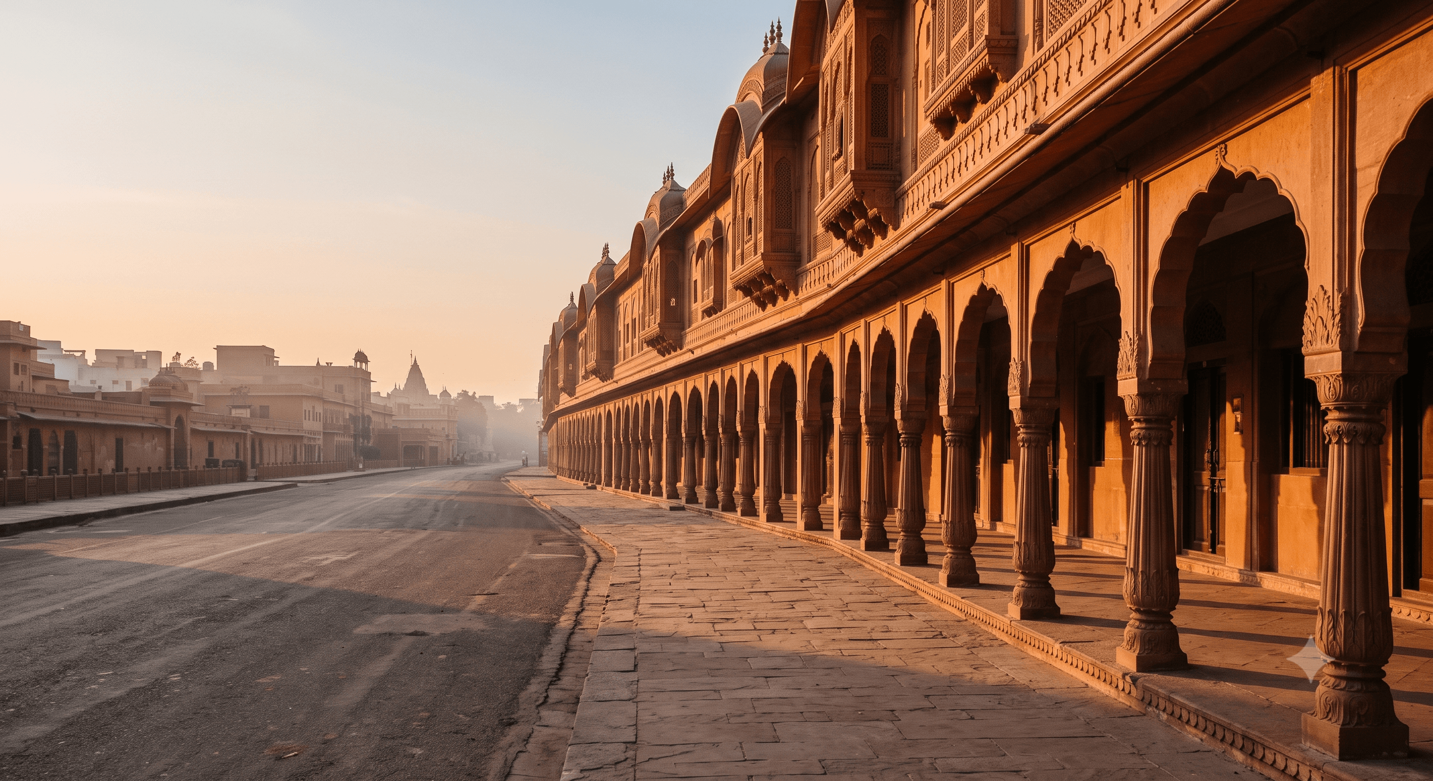 An arcaded street in Jaipur's old pink city at golden hour