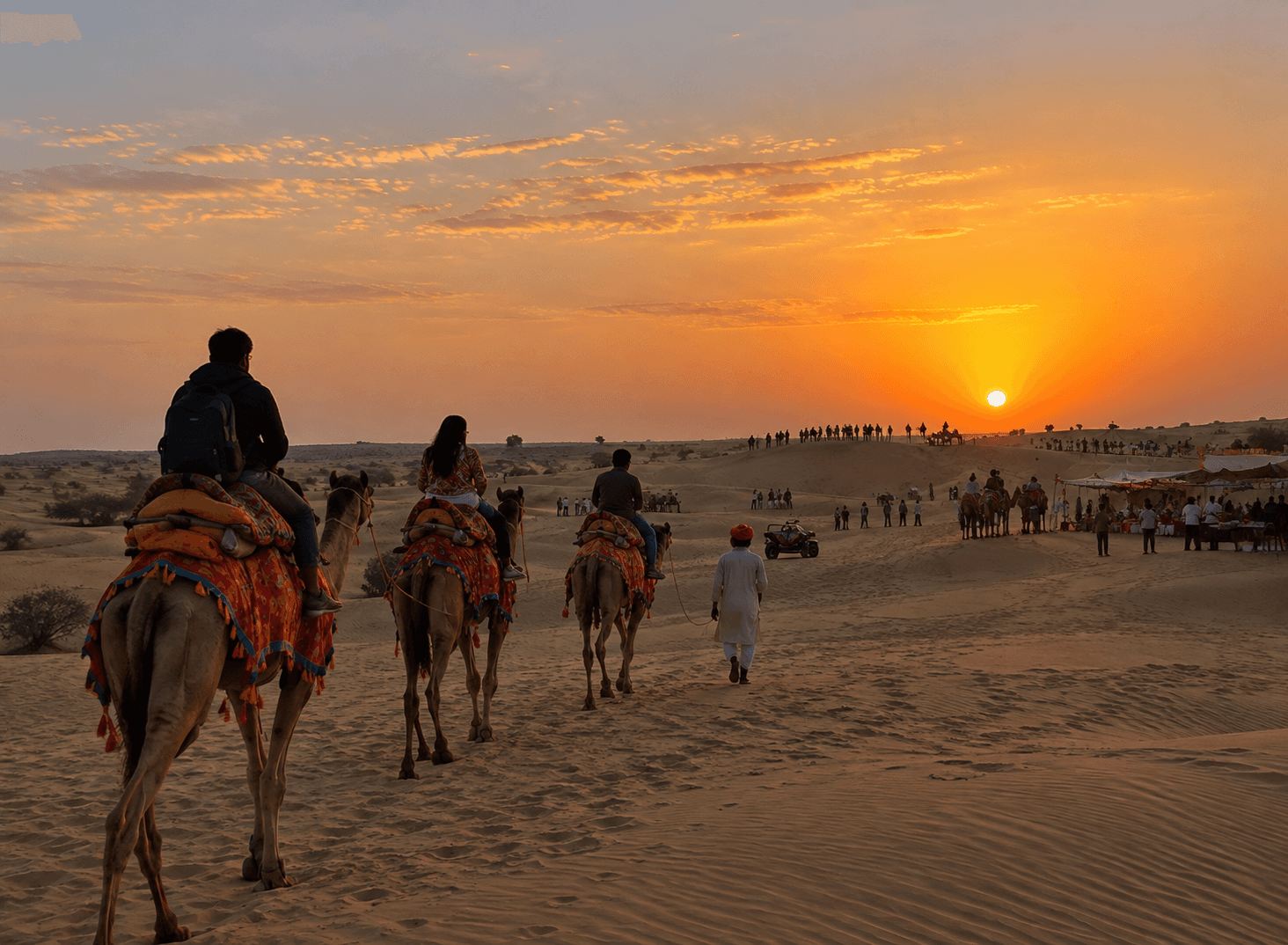 Jaisalmer Sam dunes with camels at sunset